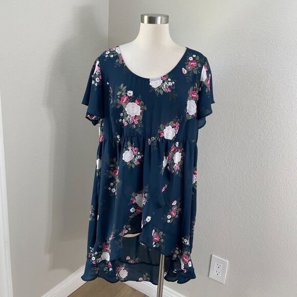 Torrid Womens Plus 2X Lexie Navy Floral Georgette Hi-Lo Tunic Top Short Sleeve - Picture 2 of 12